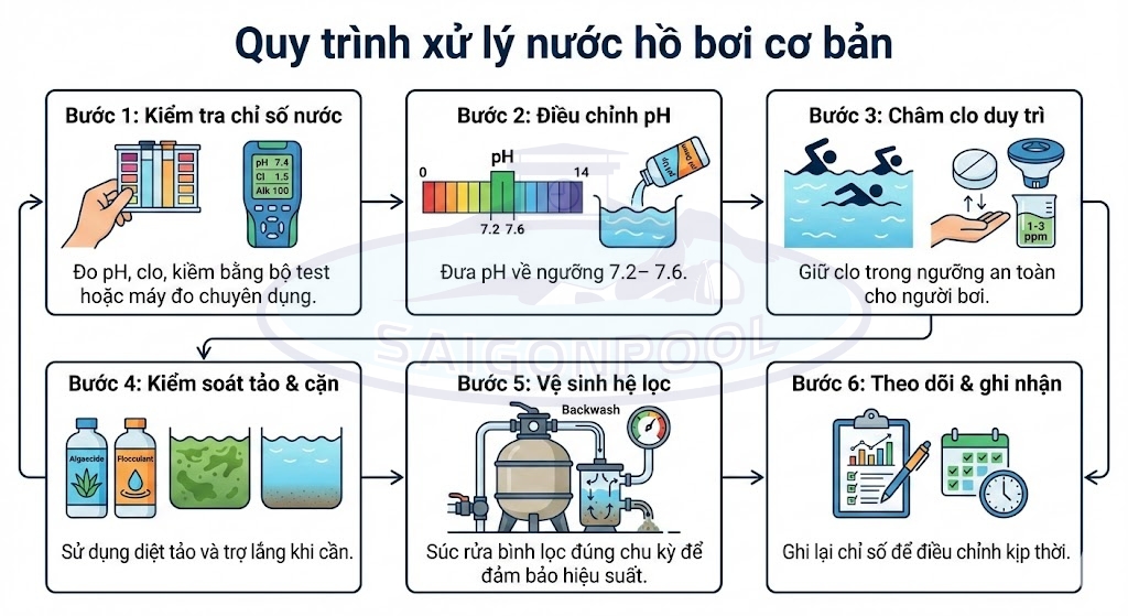 Quy trình xử lý nước hồ bơi cơ bản
